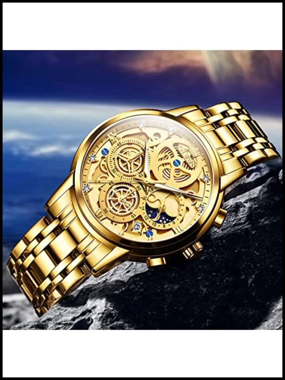 Men's Skeleton Chronograph Stainless Steel Watch Waterproof Analog Wristwatch